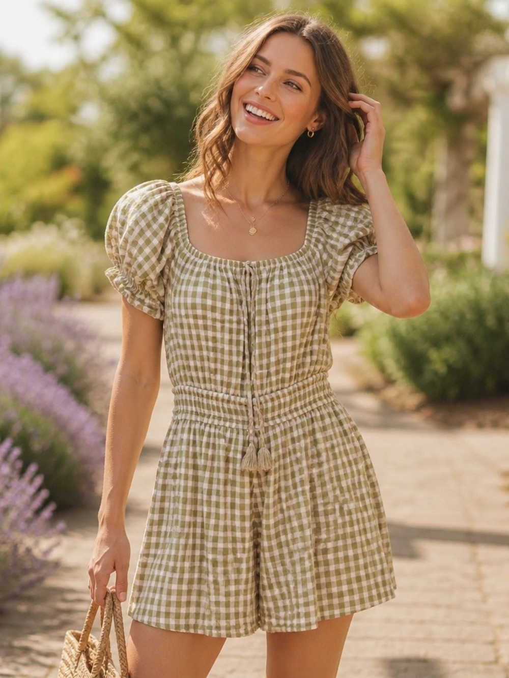 American Eagle Outfitters Olive Gingham Puff-Sleeve Romper